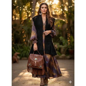 Metric Black Mixed-Media Shaggy & Crochet Boho Vest